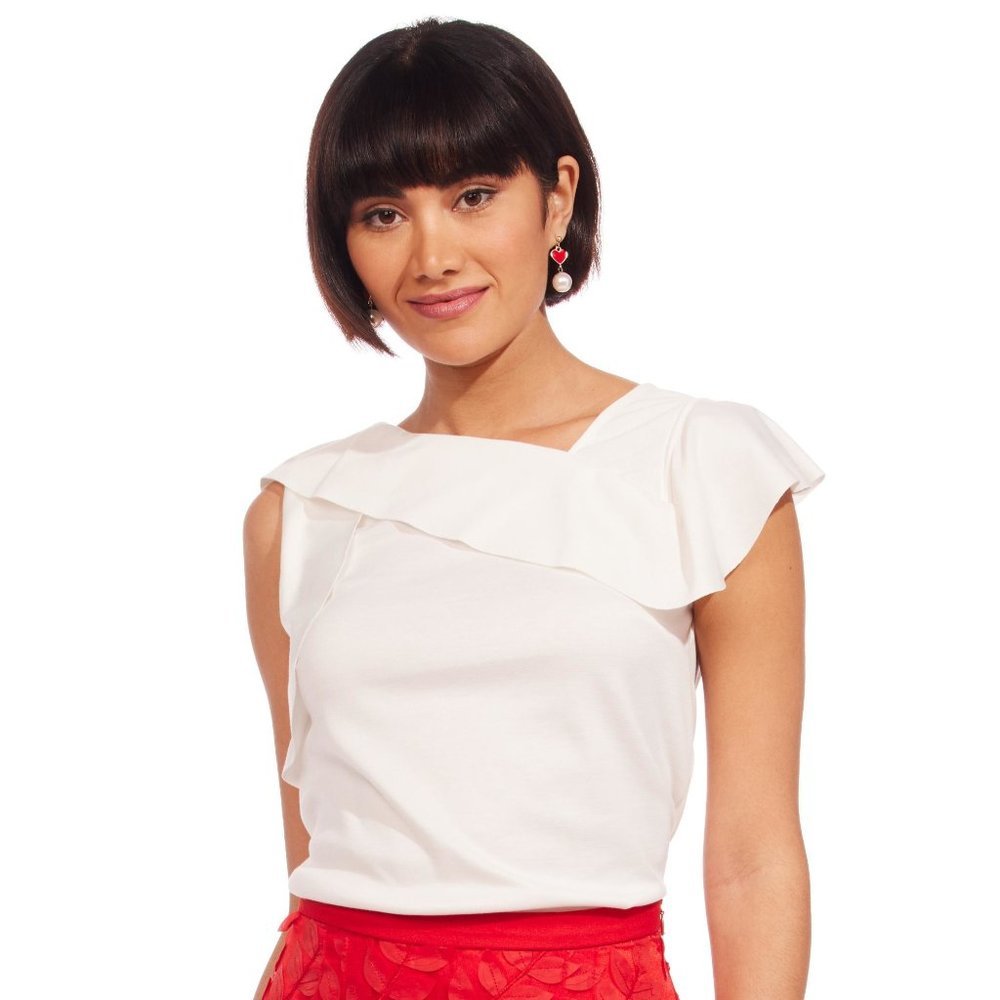 Eva Franco Xena Cap Short Sleeve White Top with Asymmetrical Neck
